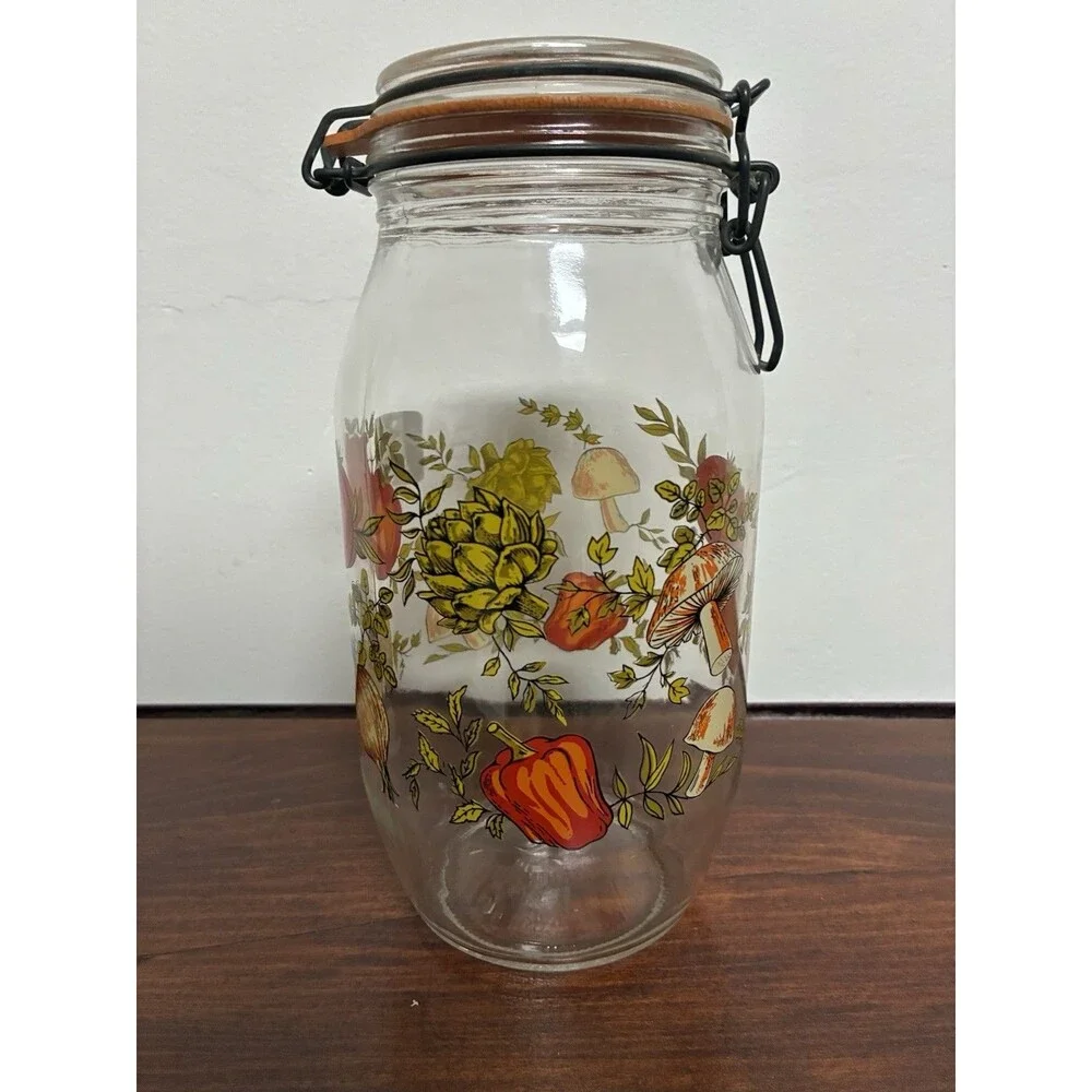 Vintage Glass Jar Canister Hinged Lid 2L Spice of Life Mushroom Vegetable France